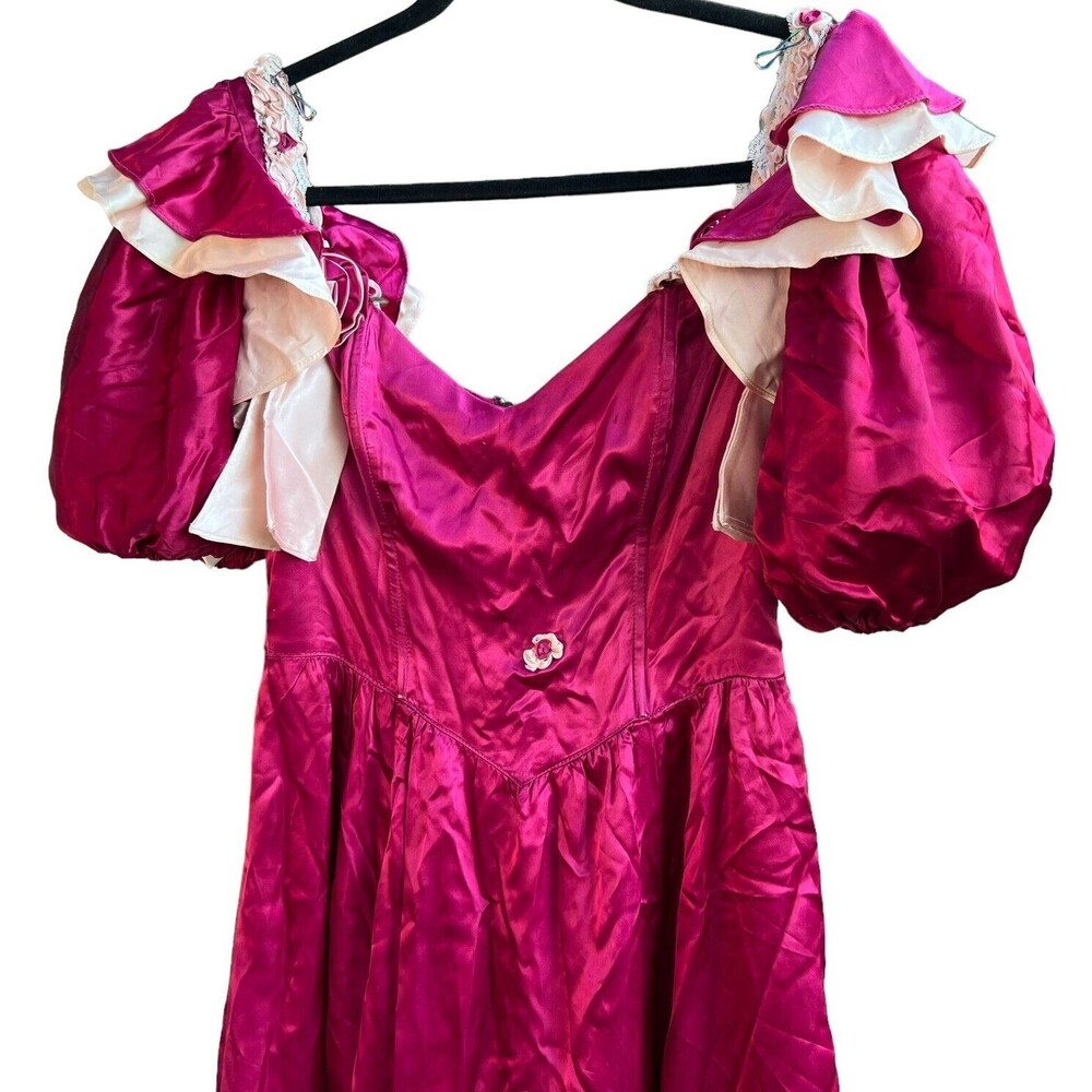 Vintage Gunne Sax Burgundy Satin Pink Lace Short Puff Sleeve Maxi Dress No Size - Picture 3 of 16